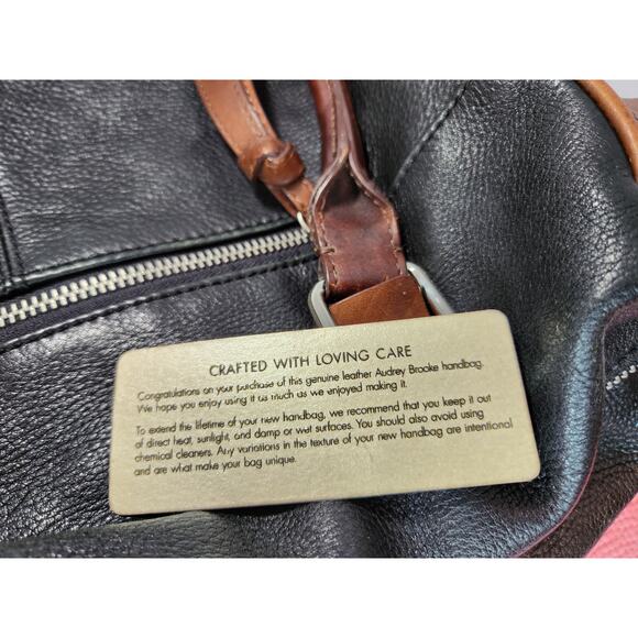 Audrey Brooke Black Pebbled Leather Tote Bag with Brown Accents and Zippered Top - Picture 7 of 12